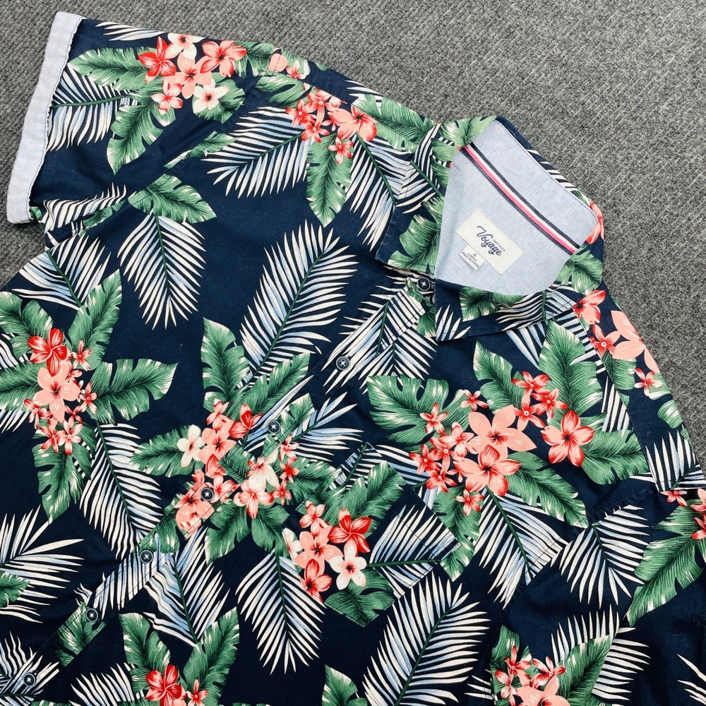 Voyage Craft + Flow Men's Large Navy Tropical Floral‎ Palm Button Down Shirt L